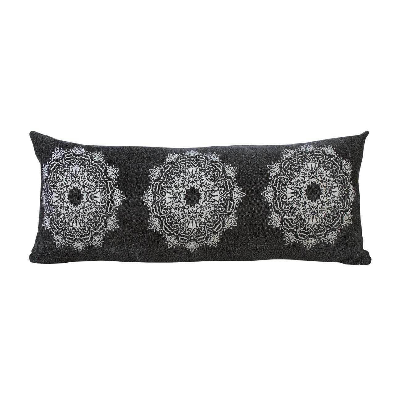Laddha Home Designs Hand Woven Bohemian Mandala Medallion Lumbar Throw Pillow - 36" - Black and White